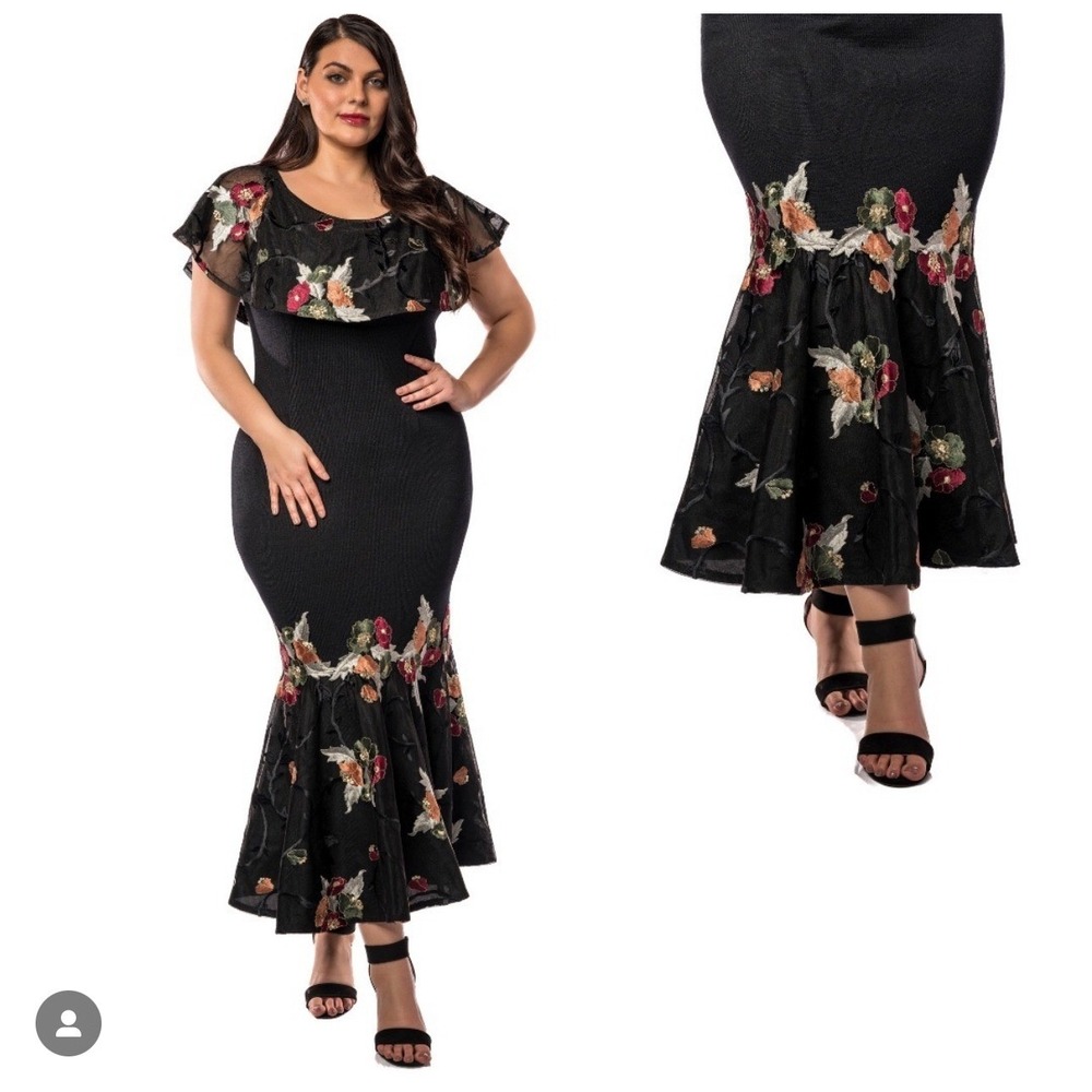 ELANA Dress Large‎ D2753 Floral Embroidered Mermaid Gown Black Tie Wedding Guest